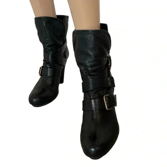 DKNYC Sandra Heeled Boot Black 9.5 Women’s Biker Moto Buckle Stack Heel Leather - Picture 4 of 10
